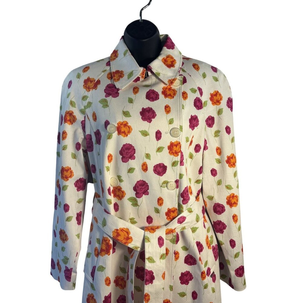 Michael Michael Kors Floral Belted Trench Coat Women’s Large iWhite W/ Red & Ora - Picture 8 of 14